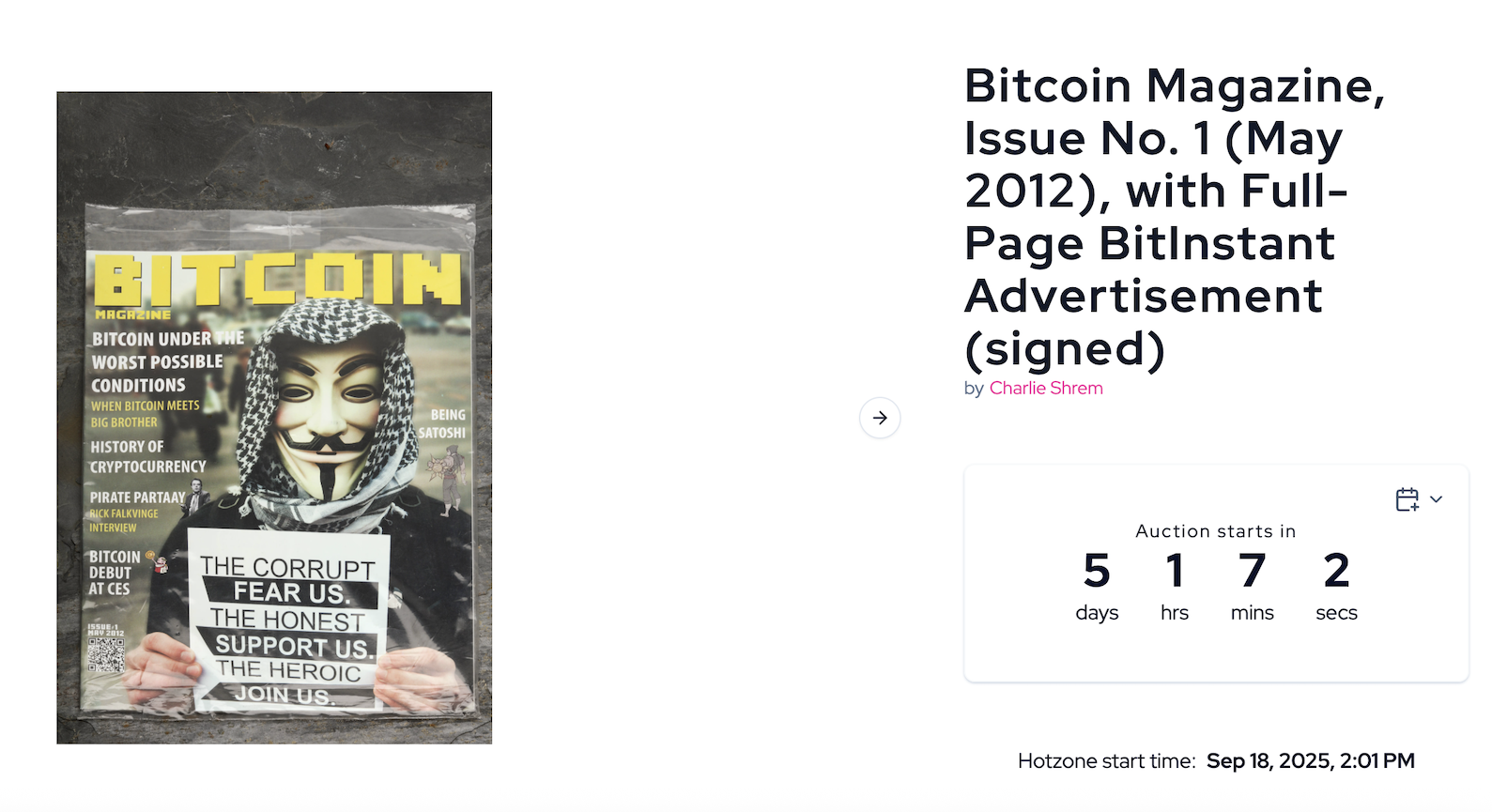 Numéro 1 de Bitcoin Magazine aux enchères. Source: Scarce City